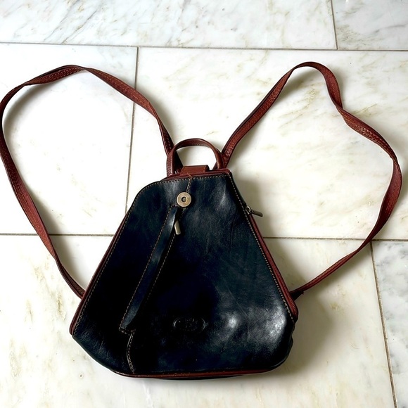 Silvia Handbags - Silvia convertible black leather mini backpack or sling bag w/two outer pockets
